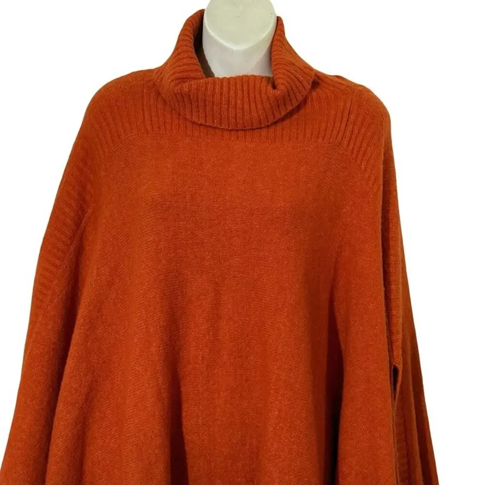Lou & Grey Orange Turtleneck Asymmetrical Poncho Wool Blend Sweater sz One Size
